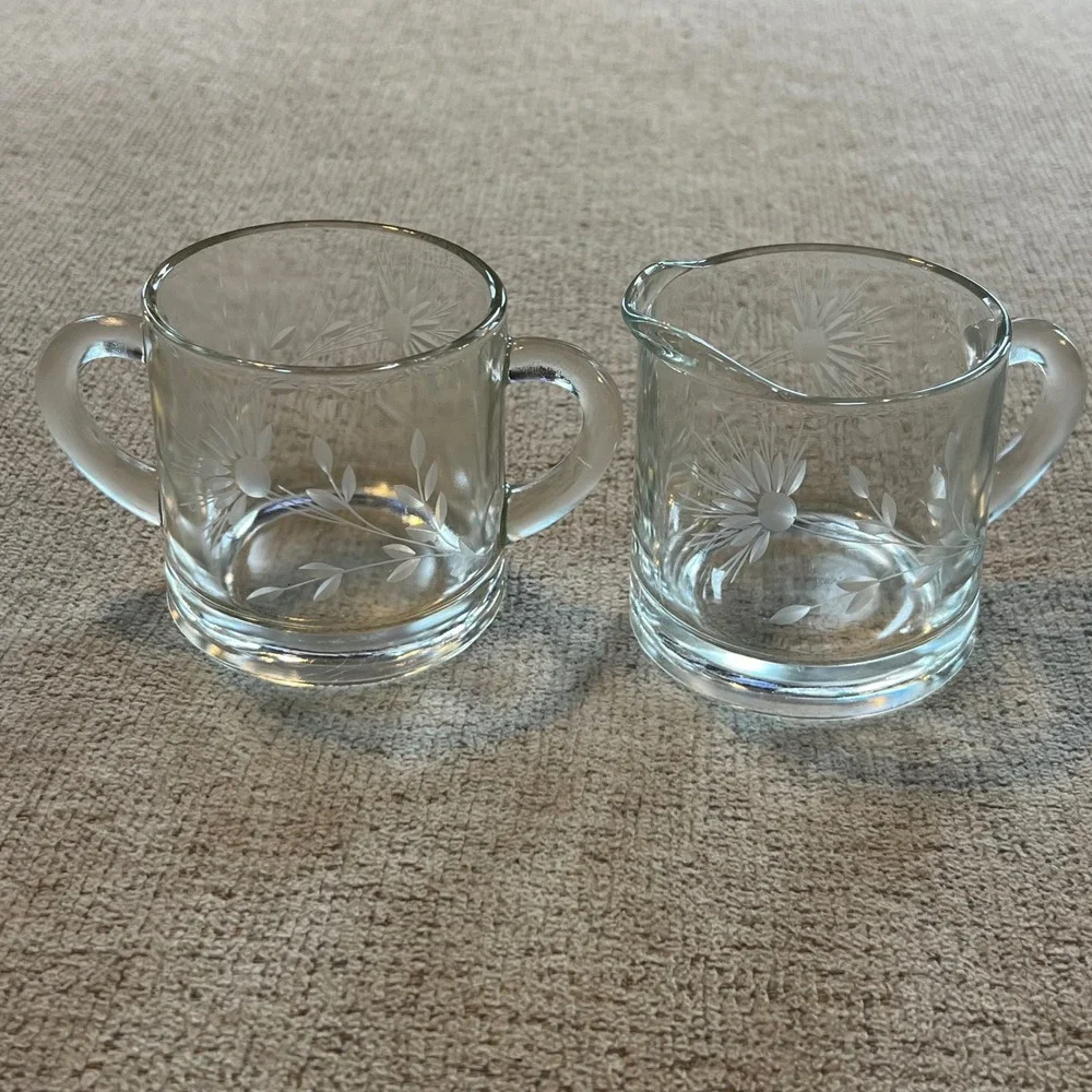 Vintage Etched Glass Cream and Sugar Set Floral Daisy Pattern Clear Glass Pair